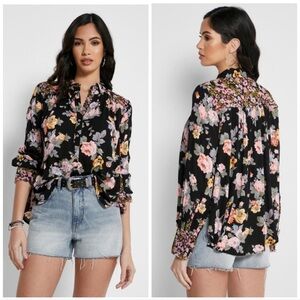 Free People Hold On To Me Black Floral Print Blouse Boho Raw Seam Size XS
